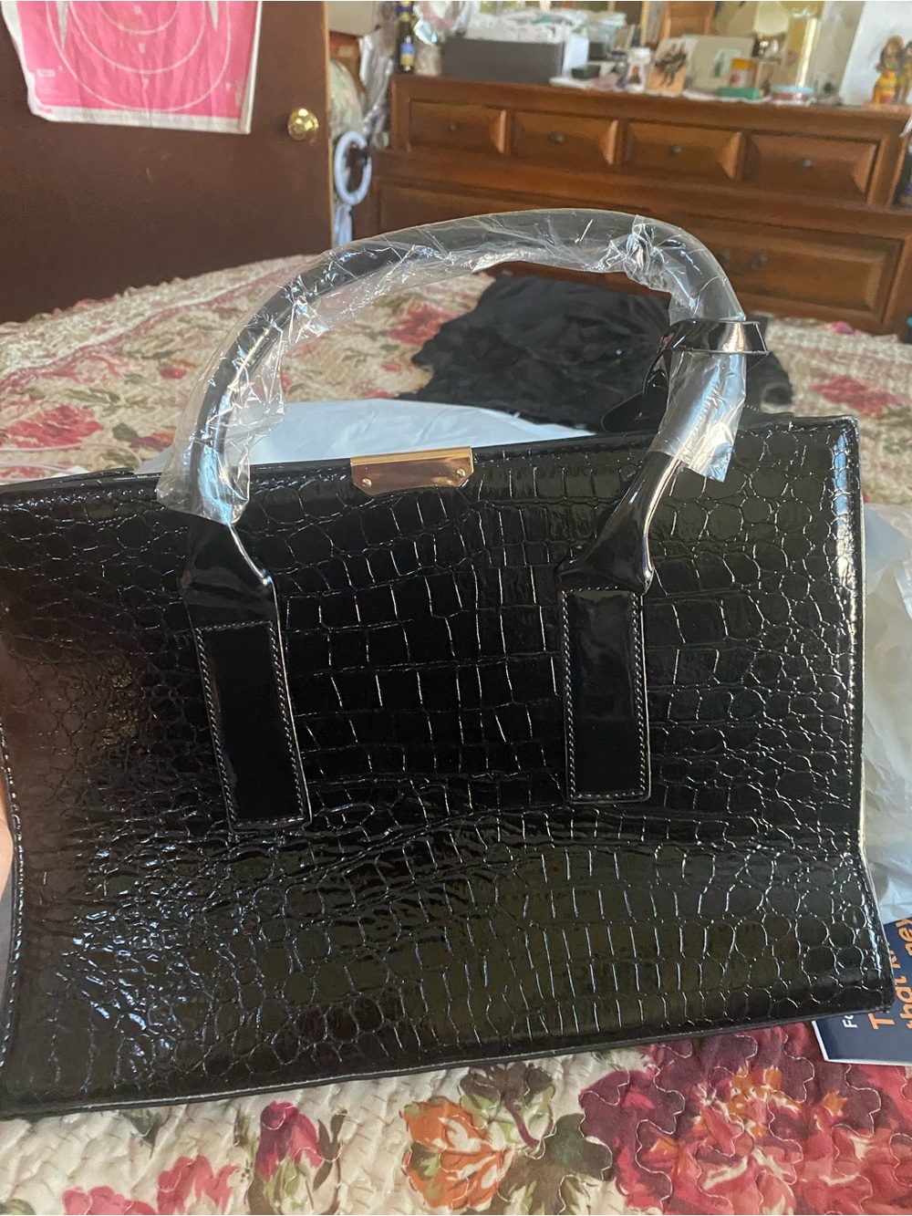 Black Croc-Embossed Structured Satchel